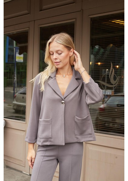 Kadın Modal Ipeksi Yakalı Kapri Kollu Cepli Pili Kaşeli Ceket Hırka Ceket -Gri