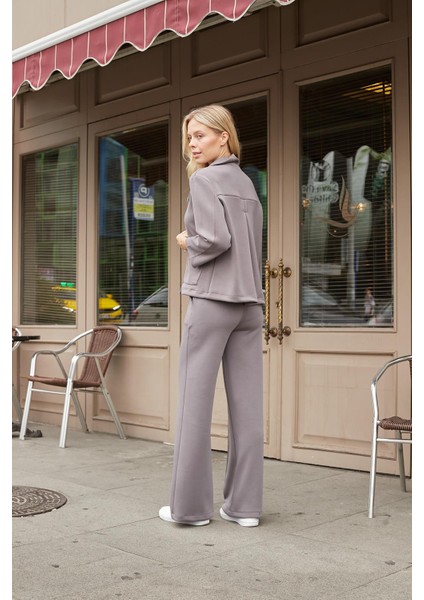 Kadın Modal Ipeksi Yakalı Kapri Kollu Cepli Pili Kaşeli Ceket Hırka Ceket -Gri fiyatları