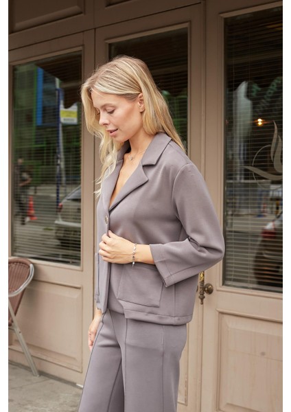 Kadın Modal Ipeksi Yakalı Kapri Kollu Cepli Pili Kaşeli Ceket Hırka Ceket -Gri modelleri