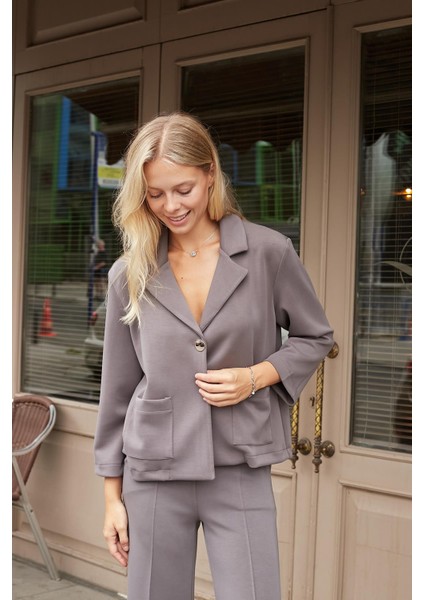 Kadın Modal Ipeksi Yakalı Kapri Kollu Cepli Pili Kaşeli Ceket Hırka Ceket -Gri fırsatları