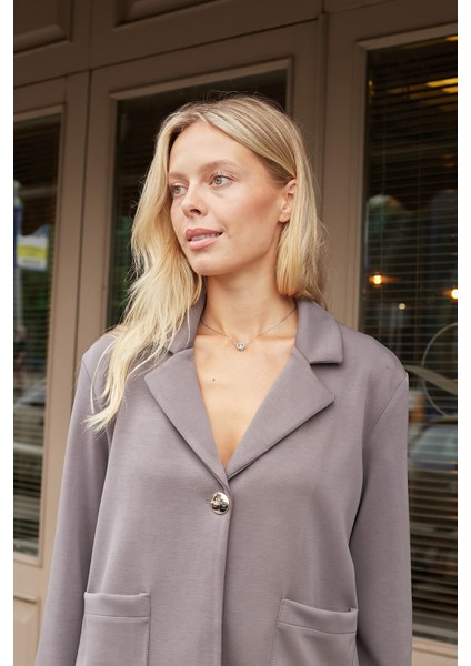 Kadın Modal Ipeksi Yakalı Kapri Kollu Cepli Pili Kaşeli Ceket Hırka Ceket -Gri indirimleri