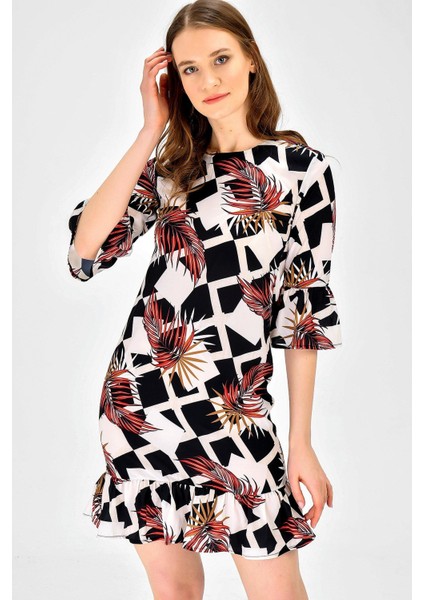 Sıfır Yaka Çiçek Desenli Truvakar Kol Elbise-Geometri