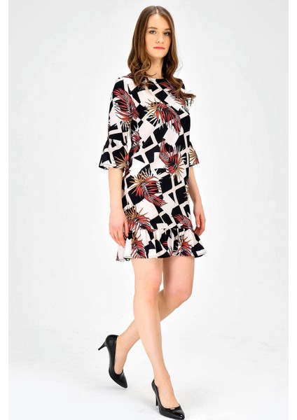 Sıfır Yaka Çiçek Desenli Truvakar Kol Elbise-Geometri fiyatları