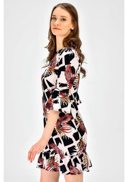 Sıfır Yaka Çiçek Desenli Truvakar Kol Elbise-Geometri modelleri