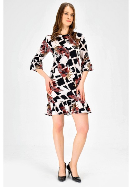 Sıfır Yaka Çiçek Desenli Truvakar Kol Elbise-Geometri fırsatları