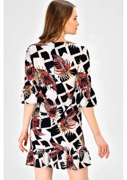Sıfır Yaka Çiçek Desenli Truvakar Kol Elbise-Geometri indirimleri