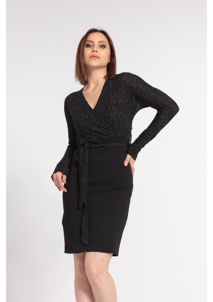 Şal Yaka Yarasa Kiloş Elbise -Siyah