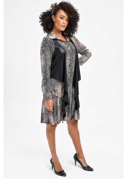 Önden Düğmeli Vual Yakalı Eteği Fırfırlı Desenli Elbise -Camel Yılan fırsatları