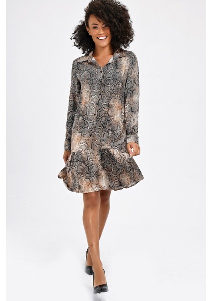 Önden Düğmeli Vual Yakalı Eteği Fırfırlı Desenli Elbise -Camel Yılan indirimleri