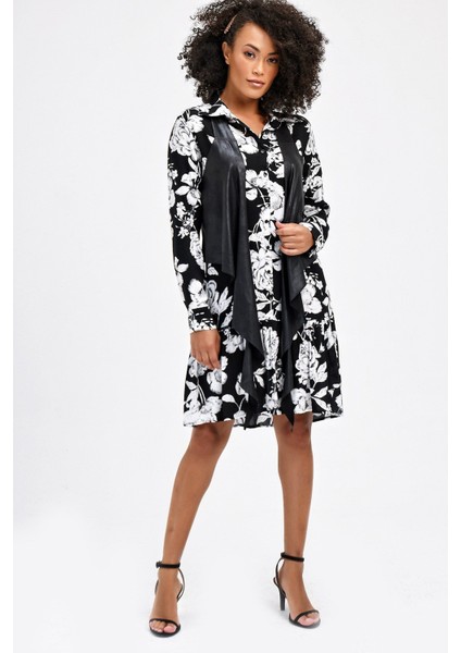 Önden Düğmeli Vual Yakalı Eteği Fırfırlı Desenli Elbise -Siyah Ç