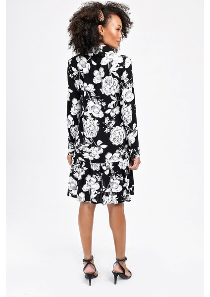 Önden Düğmeli Vual Yakalı Eteği Fırfırlı Desenli Elbise -Siyah Ç fiyatları