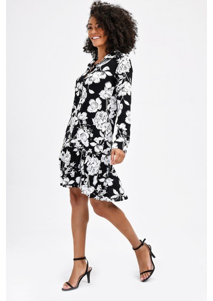 Önden Düğmeli Vual Yakalı Eteği Fırfırlı Desenli Elbise -Siyah Ç modelleri