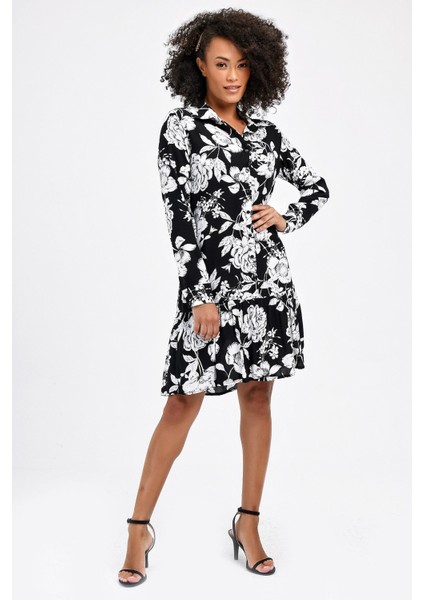 Önden Düğmeli Vual Yakalı Eteği Fırfırlı Desenli Elbise -Siyah Ç fırsatları