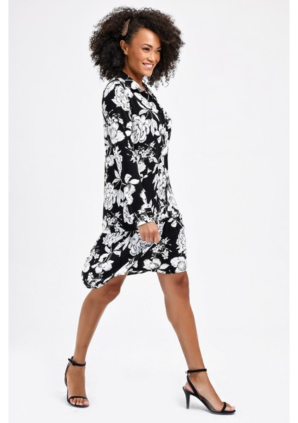 Önden Düğmeli Vual Yakalı Eteği Fırfırlı Desenli Elbise -Siyah Ç indirimleri