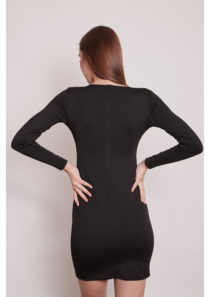 Geniş Sıfır Yaka Uzun Kol Diz Altı Likralı Kumaş Elbise-Siyah fiyatları
