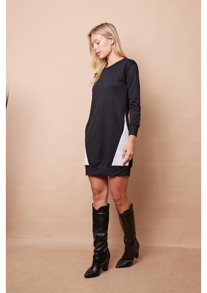 Kadın Sıfır Yaka Cep Detaylı Uzun Kol Sweat Elbise -Siyah fırsatları