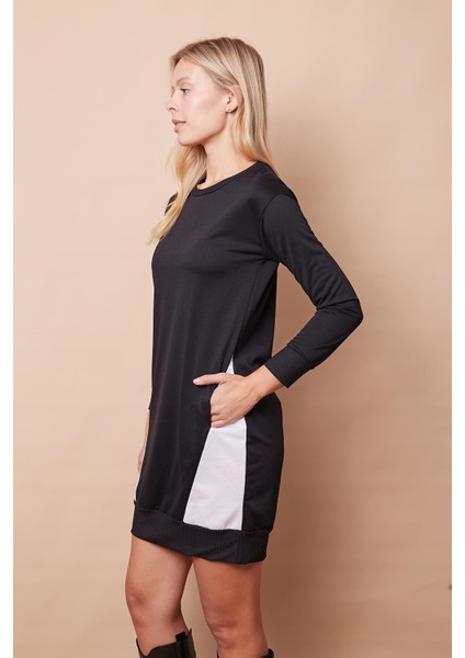 Kadın Sıfır Yaka Cep Detaylı Uzun Kol Sweat Elbise -Siyah indirimleri