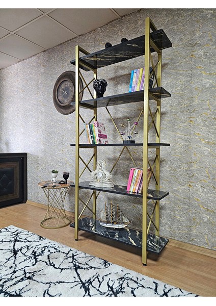 Çıkıntılı Gold Boyalı Kitaplık - 5 Raflı Suntalem Lüks Kitaplık Luanda