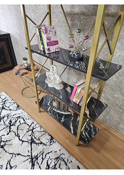 Çıkıntılı Gold Boyalı Kitaplık - 5 Raflı Suntalem Lüks Kitaplık Luanda fırsatları