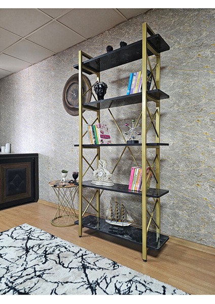 Çıkıntılı Gold Boyalı Kitaplık - 5 Raflı Suntalem Lüks Kitaplık Siyah Mermer
