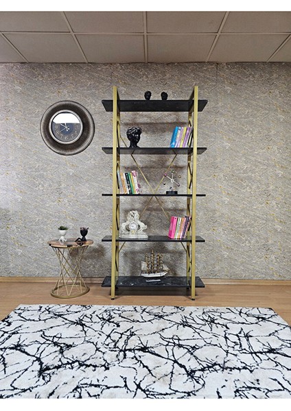 Çıkıntılı Gold Boyalı Kitaplık - 5 Raflı Suntalem Lüks Kitaplık Siyah Mermer fiyatları