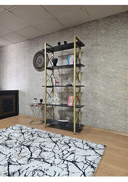 Çıkıntılı Gold Boyalı Kitaplık - 5 Raflı Suntalem Lüks Kitaplık Siyah Mermer modelleri