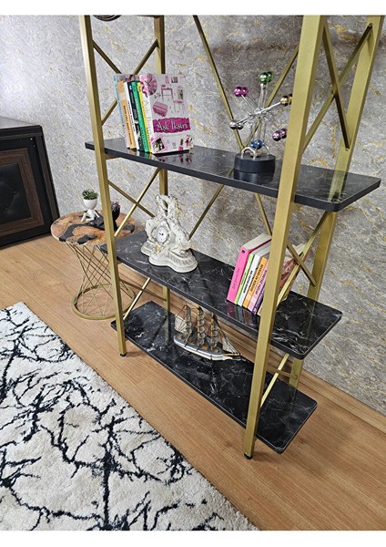 Çıkıntılı Gold Boyalı Kitaplık - 5 Raflı Suntalem Lüks Kitaplık Siyah Mermer fırsatları