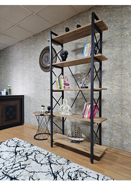 Çıkıntılı Siyah Boyalı Kitaplık - 5 Raflı Suntalem Lüks Kitaplık Atlas Çam