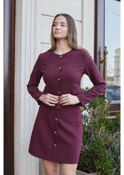 Kadın Hafif Esnek Kumaş Geniş Sıfır Yaka Cep Kapaklı Uzun Kol Dar Kesim Hafif Kısa Blazer Ceket-Bordo modelleri