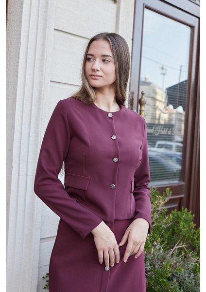 Kadın Hafif Esnek Kumaş Geniş Sıfır Yaka Cep Kapaklı Uzun Kol Dar Kesim Hafif Kısa Blazer Ceket-Bordo indirimleri