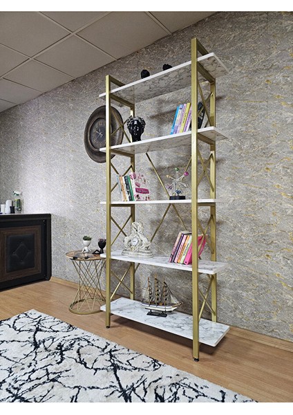 Çıkıntılı Gold Boyalı Kitaplık - 5 Raflı Suntalem Lüks Kitaplık Beyaz Mermer