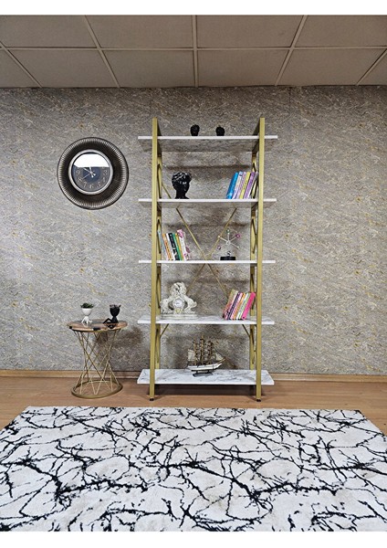 Çıkıntılı Gold Boyalı Kitaplık - 5 Raflı Suntalem Lüks Kitaplık Beyaz Mermer fiyatları