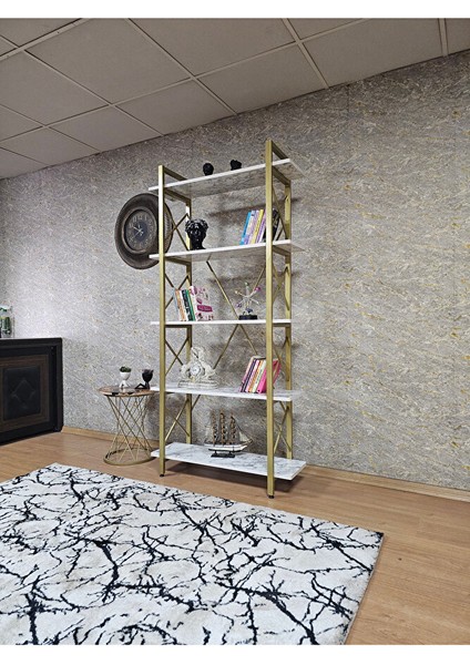 Çıkıntılı Gold Boyalı Kitaplık - 5 Raflı Suntalem Lüks Kitaplık Beyaz Mermer modelleri