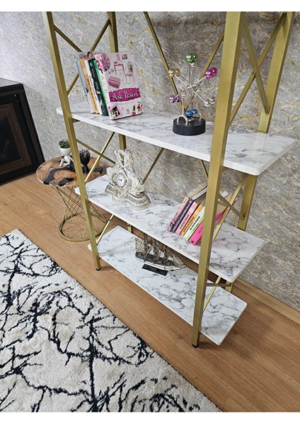 Çıkıntılı Gold Boyalı Kitaplık - 5 Raflı Suntalem Lüks Kitaplık Beyaz Mermer fırsatları