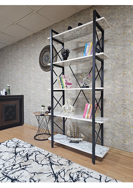 Çıkıntılı Siyah Boyalı Kitaplık - 5 Raflı Suntalem Lüks Kitaplık Beyaz Mermer