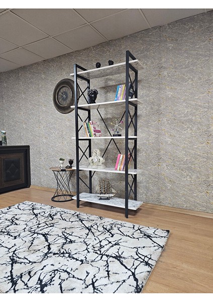 Çıkıntılı Siyah Boyalı Kitaplık - 5 Raflı Suntalem Lüks Kitaplık Beyaz Mermer modelleri