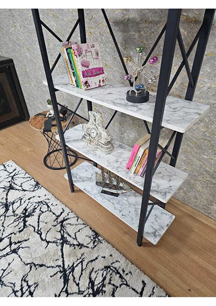 Çıkıntılı Siyah Boyalı Kitaplık - 5 Raflı Suntalem Lüks Kitaplık Beyaz Mermer fırsatları