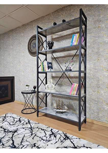 Siyah Boyalı Kitaplık - 5 Raflı Suntalem Lüks Kitaplık Marmol