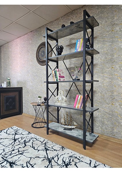 Çıkıntılı Siyah Boyalı Kitaplık - 5 Raflı Suntalem Lüks Kitaplık Marmol