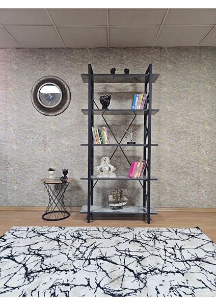 Çıkıntılı Siyah Boyalı Kitaplık - 5 Raflı Suntalem Lüks Kitaplık Marmol fiyatları