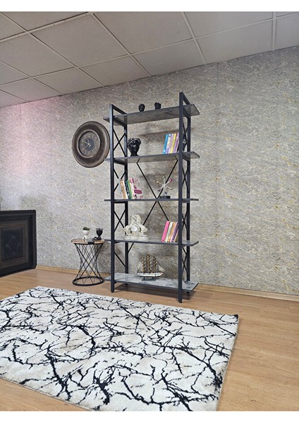 Çıkıntılı Siyah Boyalı Kitaplık - 5 Raflı Suntalem Lüks Kitaplık Marmol modelleri