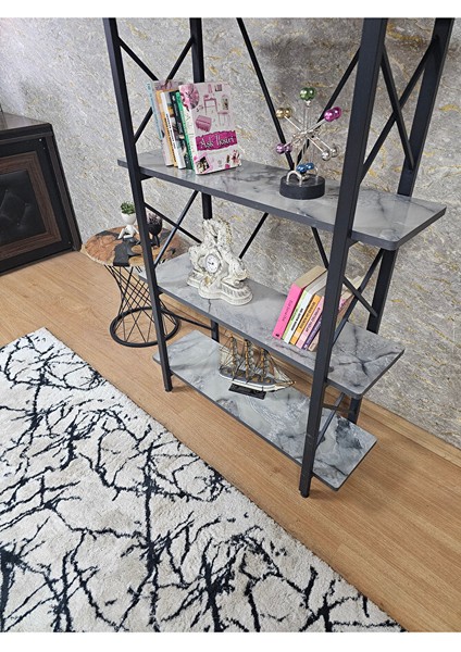 Çıkıntılı Siyah Boyalı Kitaplık - 5 Raflı Suntalem Lüks Kitaplık Marmol fırsatları