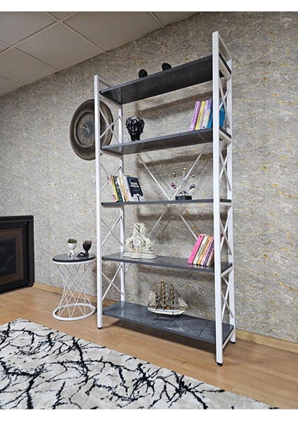 Beyaz Boyalı Kitaplık - 5 Raflı Suntalem Lüks Kitaplık Aris Gri