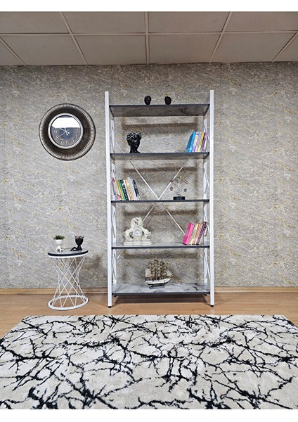 Beyaz Boyalı Kitaplık - 5 Raflı Suntalem Lüks Kitaplık Marmol fiyatları