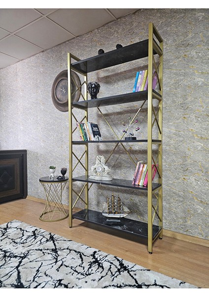 Gold Boyalı Kitaplık - 5 Raflı Suntalem Lüks Kitaplık Siyah Mermer