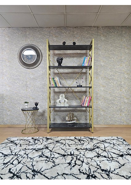 Gold Boyalı Kitaplık - 5 Raflı Suntalem Lüks Kitaplık Siyah Mermer fiyatları