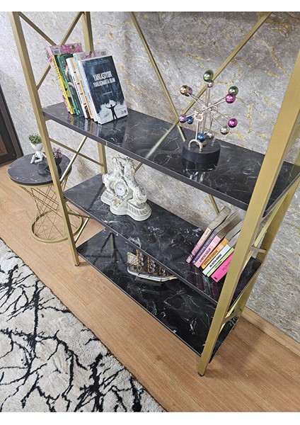 Gold Boyalı Kitaplık - 5 Raflı Suntalem Lüks Kitaplık Siyah Mermer fırsatları