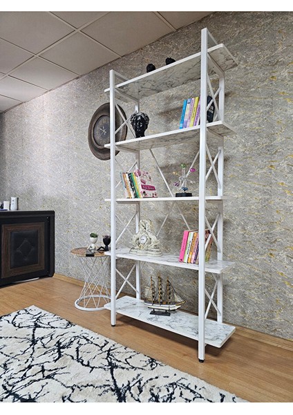 Çıkıntılı Beyaz Boyalı Kitaplık - 5 Raflı Suntalem Lüks Kitaplık Beyaz Mermer