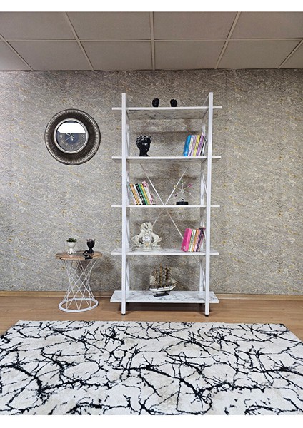 Çıkıntılı Beyaz Boyalı Kitaplık - 5 Raflı Suntalem Lüks Kitaplık Beyaz Mermer fiyatları