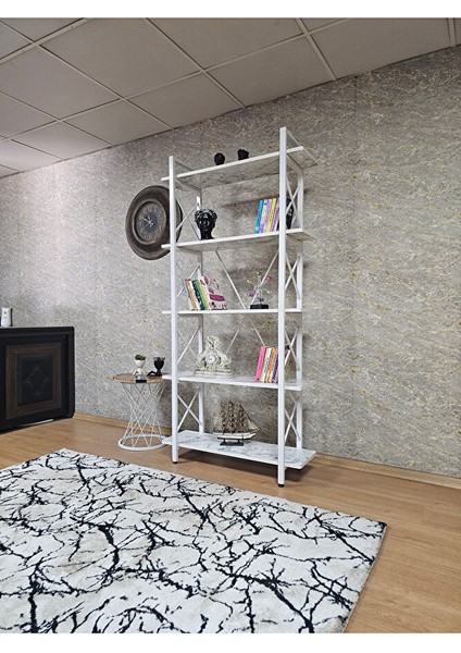 Çıkıntılı Beyaz Boyalı Kitaplık - 5 Raflı Suntalem Lüks Kitaplık Beyaz Mermer modelleri